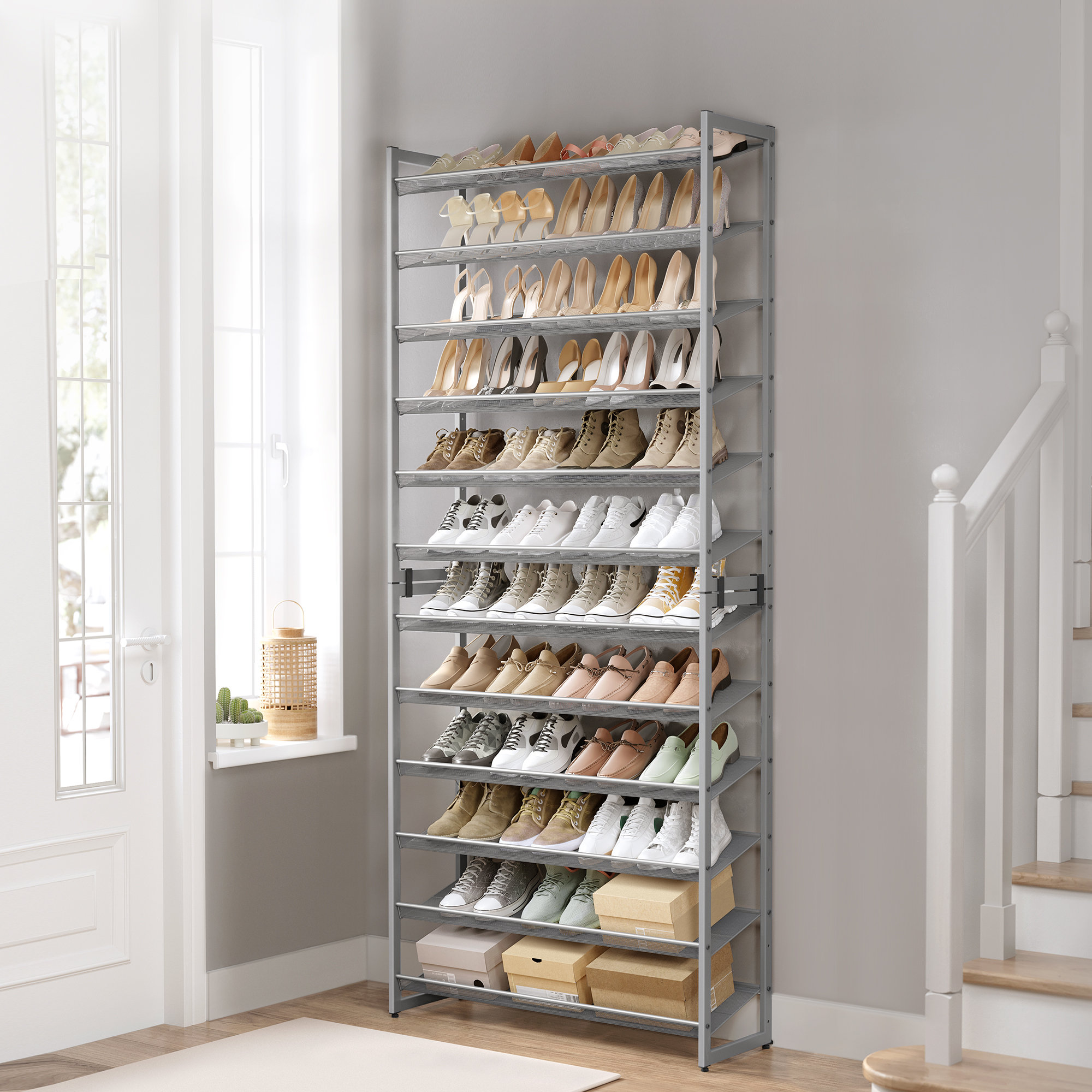 Rebrilliant 48 60 Pair Stackable Shoe Rack with Adjustable Flat or Angled Shelves Reviews Wayfair Canada